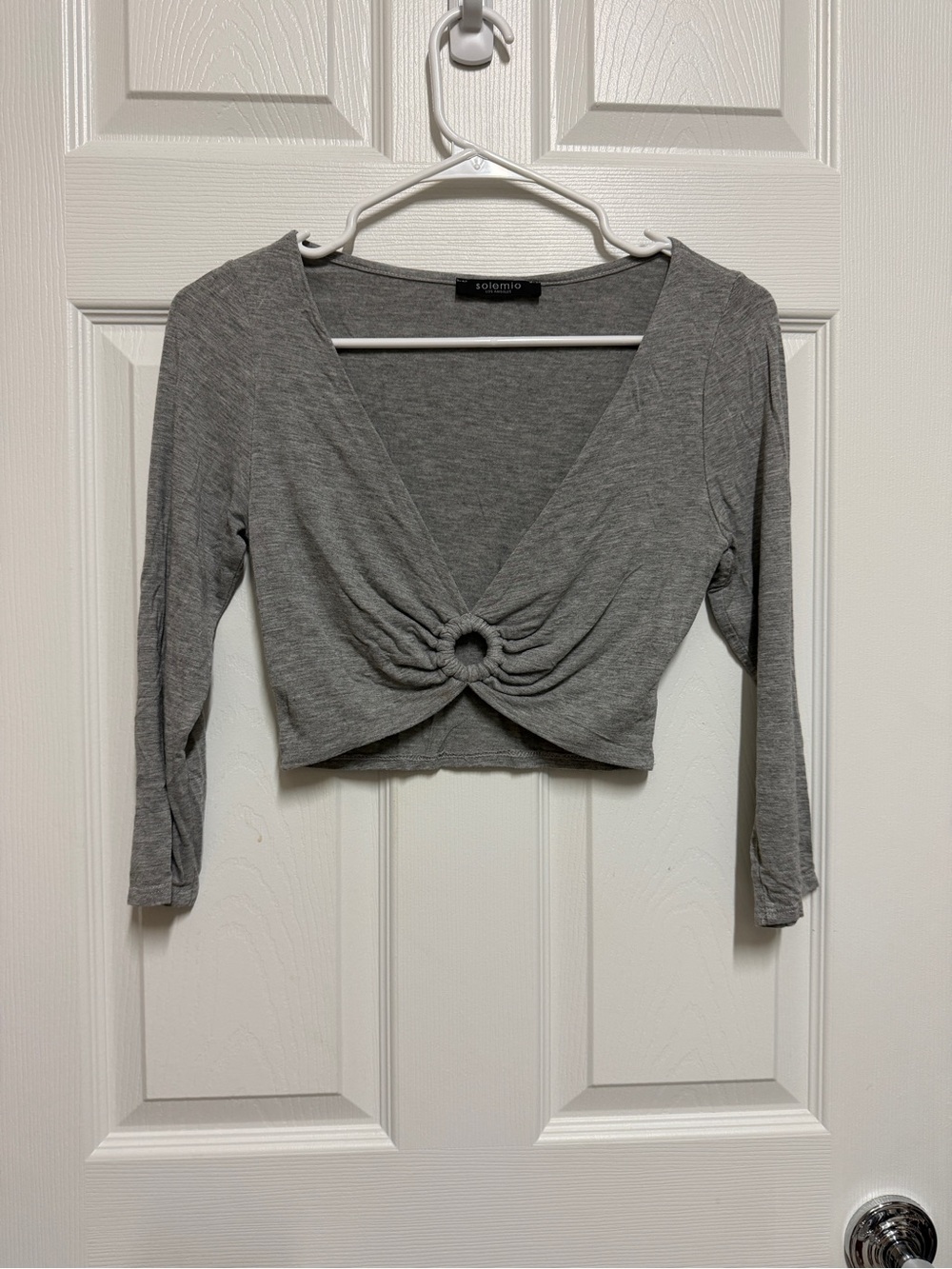 Gray Ring-Front Plunge Cropped Wrap Top